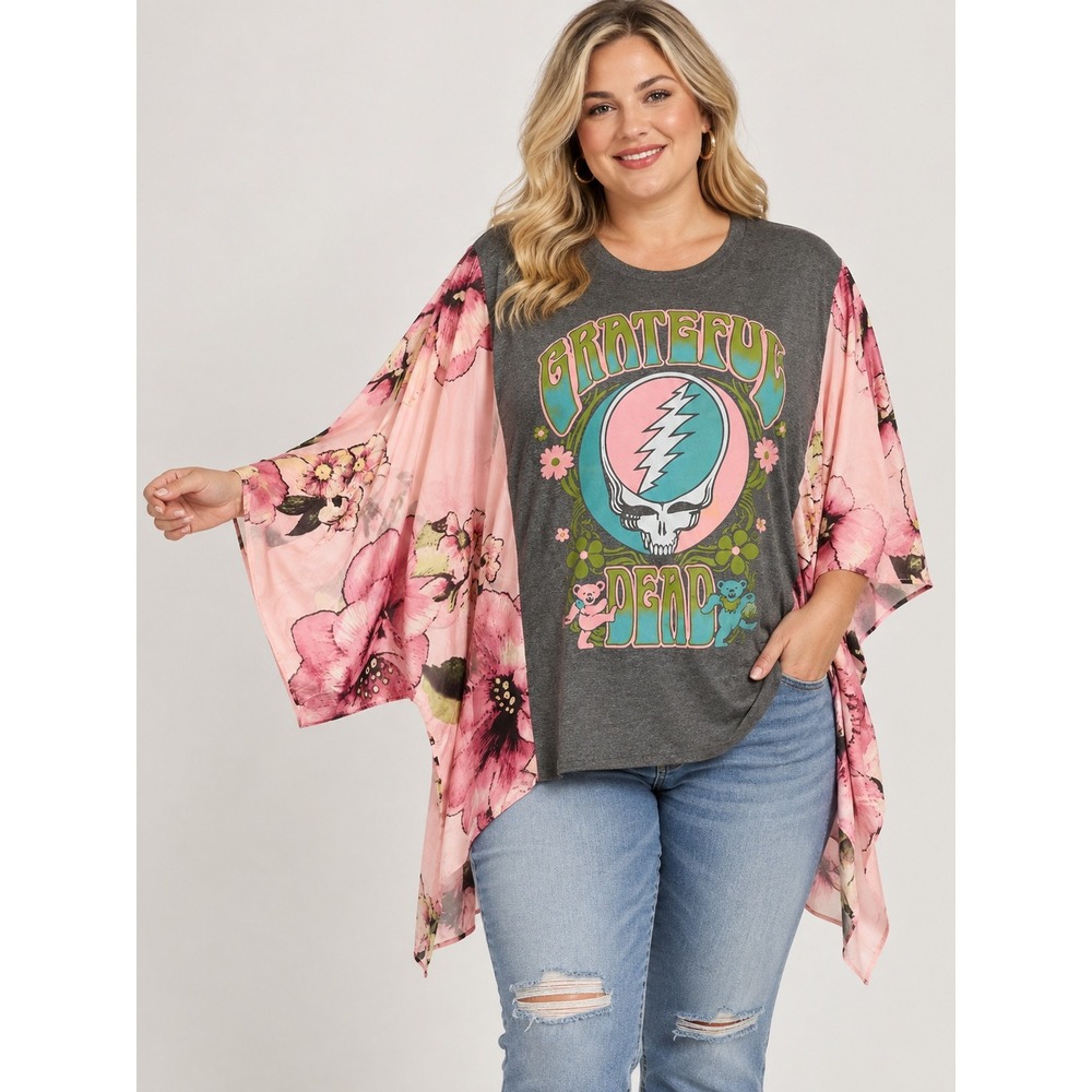 Grateful Dead Floral Kimono Sleeve Graphic Top Upcycled One Size Boho Concert